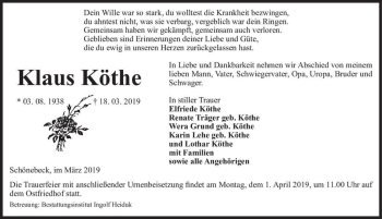 Traueranzeige von Klaus Köthe  von Magdeburger Volksstimme