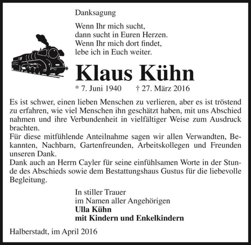  Traueranzeige für Klaus Kühn  vom 12.04.2016 aus Magdeburger Volksstimme