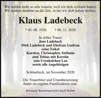 Traueranzeige von Klaus Ladebeck  von Magdeburger Volksstimme