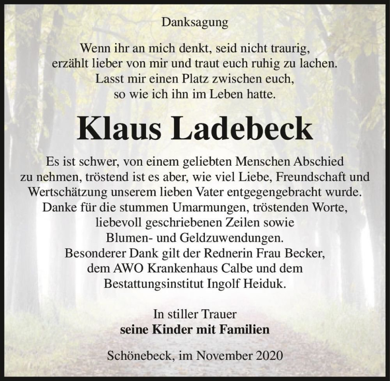  Traueranzeige für Klaus Ladebeck  vom 28.11.2020 aus Magdeburger Volksstimme