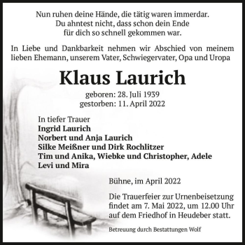 Traueranzeige von Klaus Laurich  von Magdeburger Volksstimme