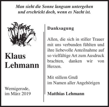 Traueranzeige von Klaus Lehmann  von Magdeburger Volksstimme