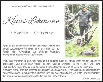 Traueranzeige von Klaus Lehmann  von Magdeburger Volksstimme