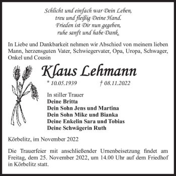Traueranzeige von Klaus Lehmann  von Magdeburger Volksstimme