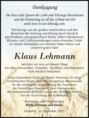 Traueranzeige von Klaus Lehmann  von Magdeburger Volksstimme