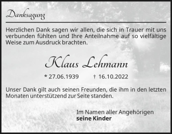 Traueranzeige von Klaus Lehmann  von Magdeburger Volksstimme