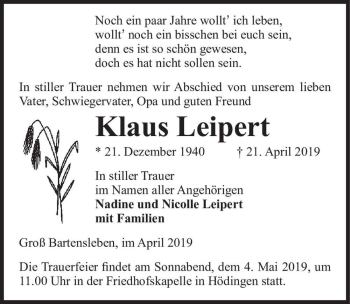 Traueranzeige von Klaus Leipert  von Magdeburger Volksstimme