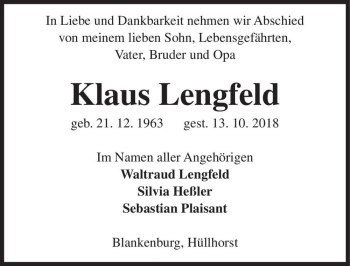 Traueranzeige von Klaus Lengfeld  von Magdeburger Volksstimme