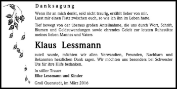Traueranzeige von Klaus Lessmann  von Magdeburger Volksstimme