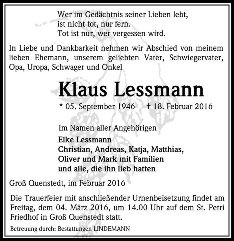  Traueranzeige für Klaus Lessmann  vom 27.02.2016 aus Magdeburger Volksstimme