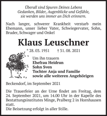 Traueranzeige von Klaus Leuschner  von Magdeburger Volksstimme