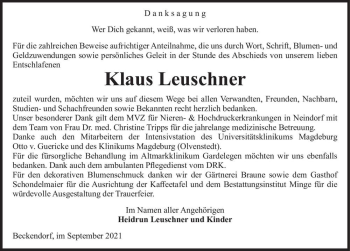 Traueranzeige von Klaus Leuschner  von Magdeburger Volksstimme