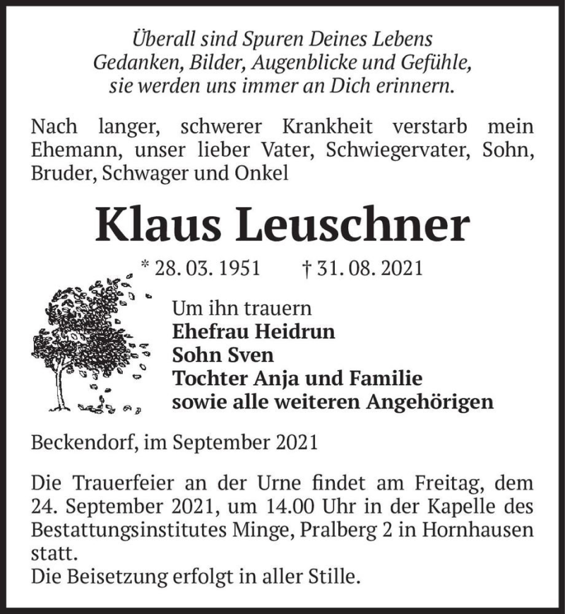  Traueranzeige für Klaus Leuschner  vom 11.09.2021 aus Magdeburger Volksstimme