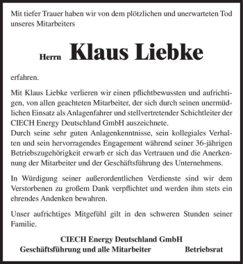 Traueranzeige von Klaus Liebke  von Magdeburger Volksstimme