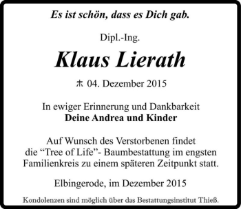 Traueranzeige von Klaus Lierath  von Magdeburger Volksstimme