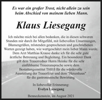 Traueranzeige von Klaus Liesegang  von Magdeburger Volksstimme
