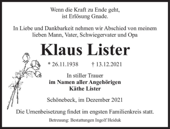Traueranzeige von Klaus Lister  von Magdeburger Volksstimme