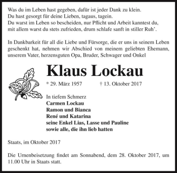 Traueranzeige von Klaus Lockau  von Magdeburger Volksstimme
