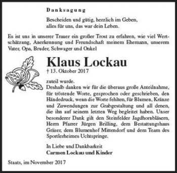 Traueranzeige von Klaus Lockau  von Magdeburger Volksstimme