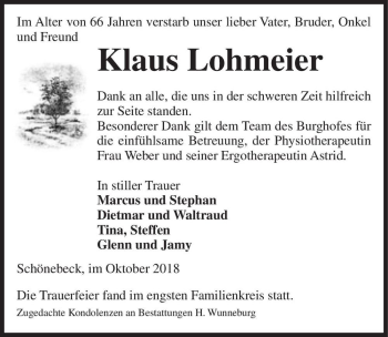 Traueranzeige von Klaus Lohmeier  von Magdeburger Volksstimme