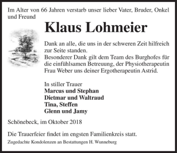 Traueranzeige von Klaus Lohmeier  von Magdeburger Volksstimme