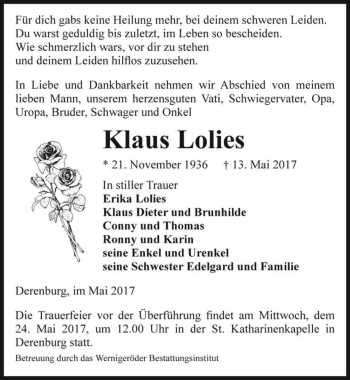 Traueranzeige von Klaus Lolies  von Magdeburger Volksstimme
