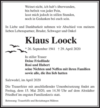 Traueranzeige von Klaus Loock  von Magdeburger Volksstimme