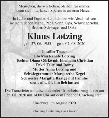 Traueranzeige von Klaus Lotzing  von Magdeburger Volksstimme