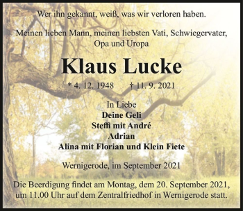 Traueranzeige von Klaus Lucke  von Magdeburger Volksstimme