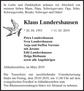 Traueranzeige von Klaus Lundershausen  von Magdeburger Volksstimme