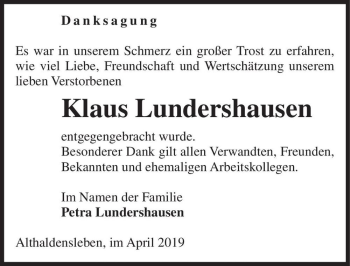 Traueranzeige von Klaus Lundershausen  von Magdeburger Volksstimme