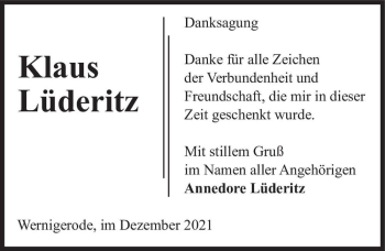 Traueranzeige von Klaus Lüderitz  von Magdeburger Volksstimme