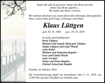 Traueranzeige von Klaus Lüttgen  von Magdeburger Volksstimme