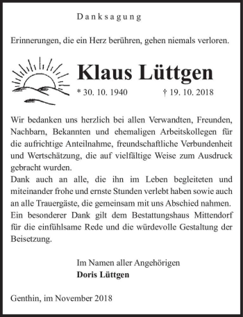 Traueranzeige von Klaus Lüttgen  von Magdeburger Volksstimme