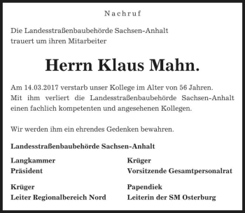 Traueranzeige von Klaus Mahn  von Magdeburger Volksstimme