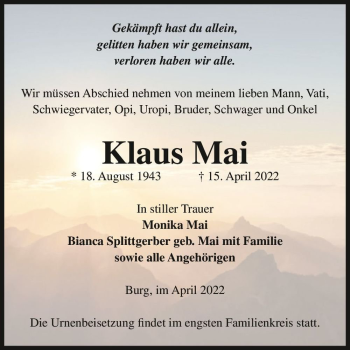 Traueranzeige von Klaus Mai  von Magdeburger Volksstimme