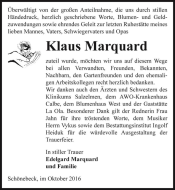 Traueranzeige von Klaus Marquard  von Magdeburger Volksstimme
