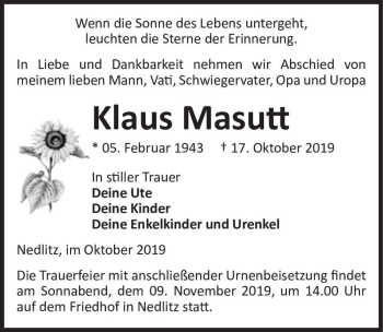 Traueranzeige von Klaus Masutt  von Magdeburger Volksstimme