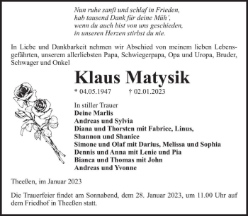 Traueranzeige von Klaus Matysik  von Magdeburger Volksstimme