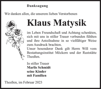 Traueranzeige von Klaus Matysik  von Magdeburger Volksstimme