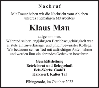 Traueranzeige von Klaus Mau  von Magdeburger Volksstimme
