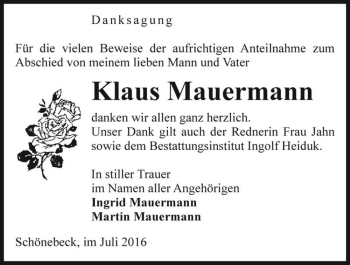 Traueranzeige von Klaus Mauermann  von Magdeburger Volksstimme