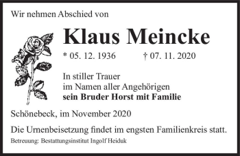 Traueranzeige von Klaus Meincke  von Magdeburger Volksstimme