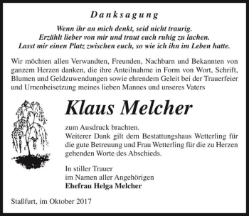 Traueranzeige von Klaus Melcher  von Magdeburger Volksstimme
