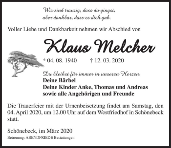 Traueranzeige von Klaus Melcher  von Magdeburger Volksstimme