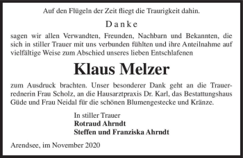 Traueranzeige von Klaus Melzer  von Magdeburger Volksstimme
