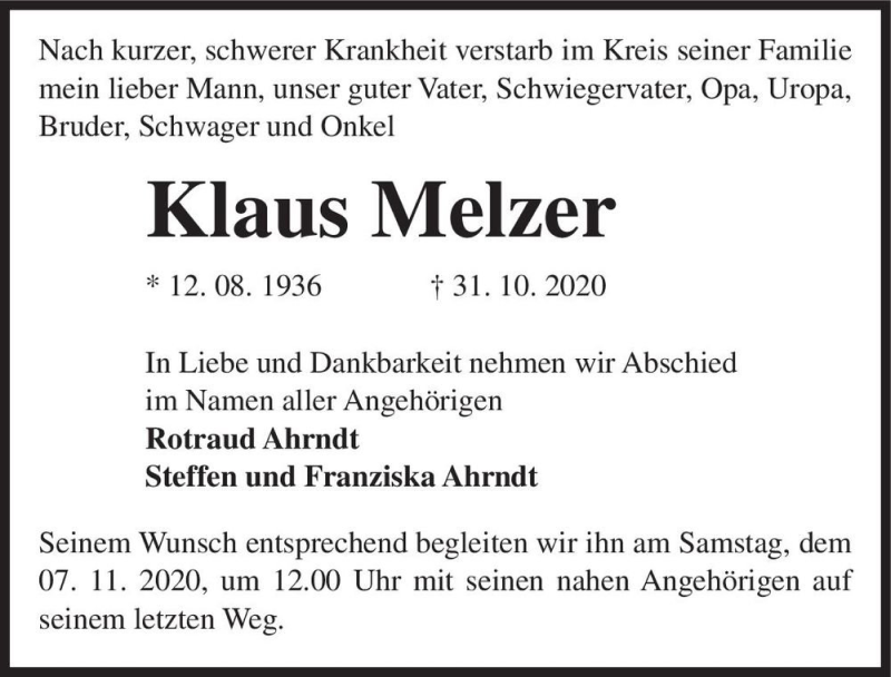  Traueranzeige für Klaus Melzer  vom 03.11.2020 aus Magdeburger Volksstimme