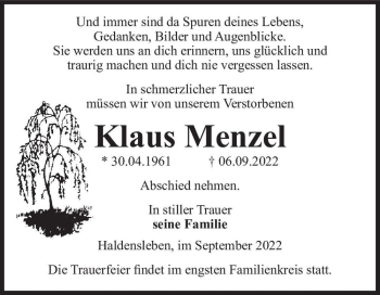 Traueranzeige von Klaus Menzel  von Magdeburger Volksstimme