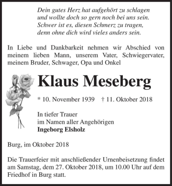 Traueranzeige von Klaus Meseberg  von Magdeburger Volksstimme