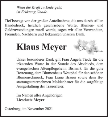 Traueranzeige von Klaus Meyer  von Magdeburger Volksstimme
